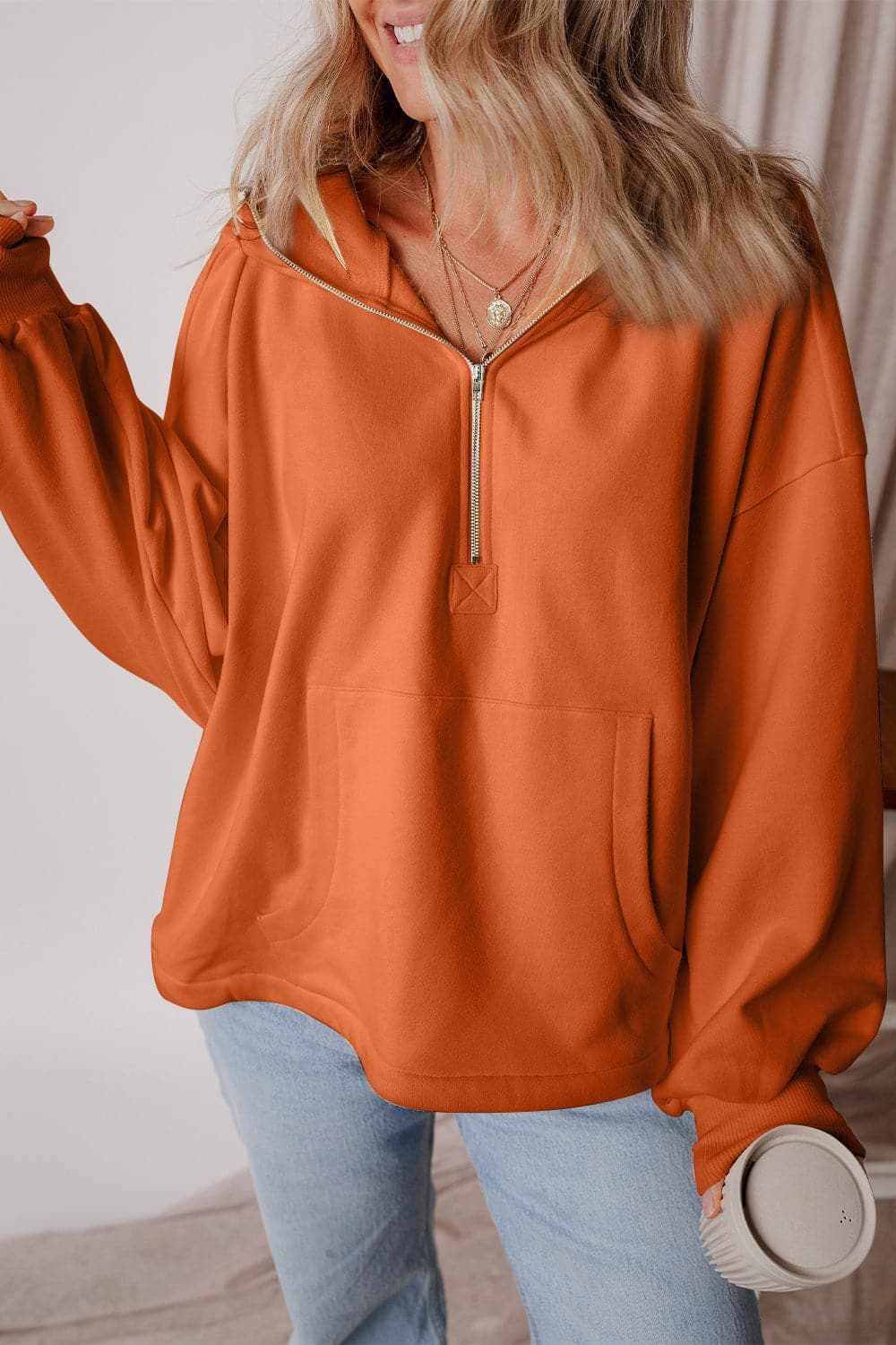 Casual half zip hoodie with pockets - Love Salve